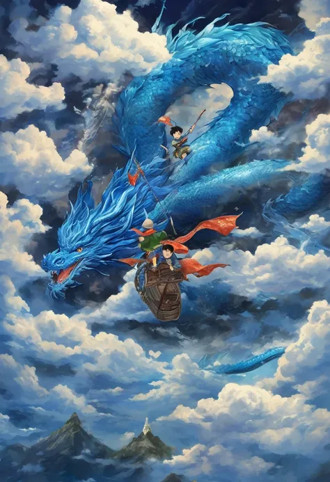 a picture depicting the legend of a boy riding a blue dragon to save the world, super detailed, masterpiece: 1.23, (powerful dra...