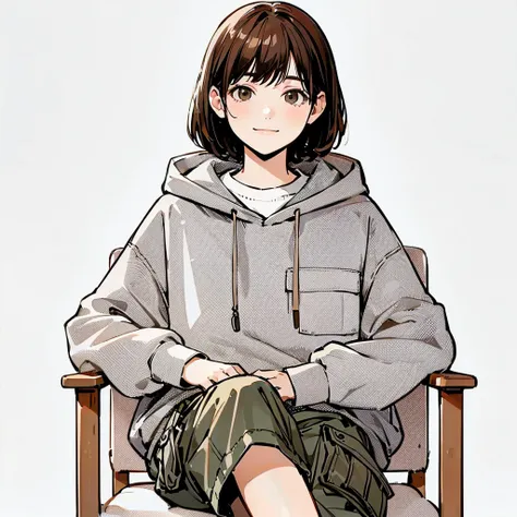 A full-body illustration of a teenage girl with short brown hair and a calm expression. She is wearing a light gray hoodie with front pockets and drawstrings, and dark cargo shorts. The background is all white. She is sitting comfortably in a chair and smi...