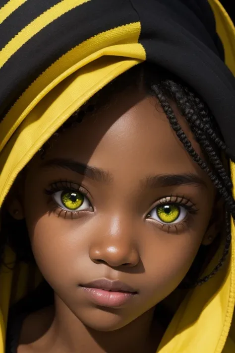 close up portraits of a young black girl that looking straight to the camera. her big expressive wide eyes are green and yellow, and there something like a star shining inside