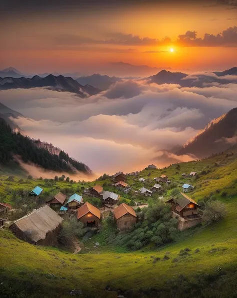 Mountain village scenery at sunset, Stunning scenery, an Stunning scenery image, Stunning scenery, stunning nature in background, Very beautiful scenery, beautiful place, author：Abdullah Al Gulguli, Heaven on top, author Ahmed Karahisari, very Very beautif...