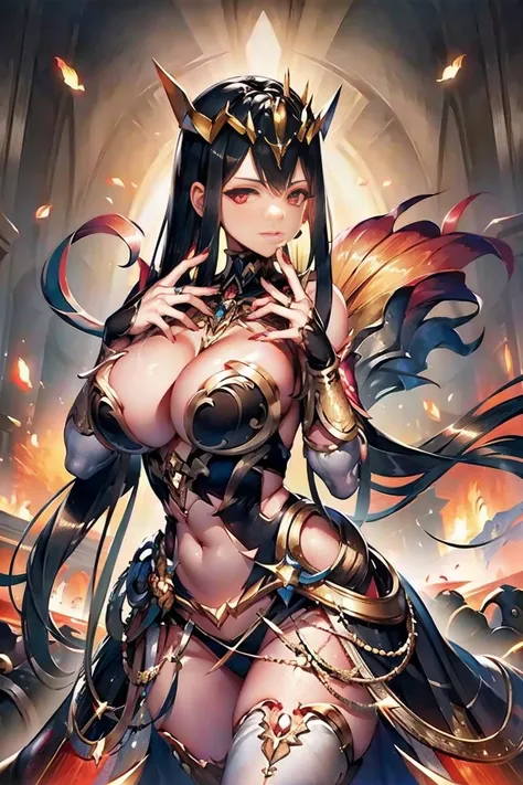 black hair, bare shoulder, red eyes, very long hair, cleavage, large breasts, dress, showgirl skirt, high-leg, cleavage cutout, tiara, bare thighs, gauntlets, bare shoulder, (((Correctly aligned fingers, extremely detailed hands and fingers, ultra detailed...