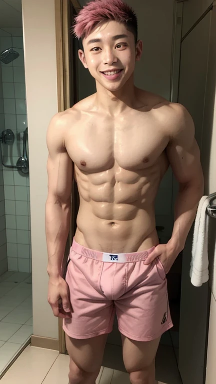 Japanese men、13 years old、Muscles and smooth skin、Undercut pink hair、Relaxed and friendly smile、Light yellow boxer briefs、The whole body is visible from toes to head、Posing in the bathroom、