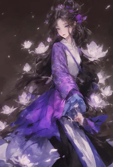 a girl in an purple chinese dress standing in the snow, in the style of darkly romantic illustrations, fairy academia, he jiaying, light gray and light black, flowing fabrics, 32k uhd, lively illustrations 