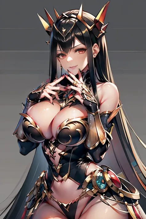 black hair, bare shoulder, red eyes, very long hair, cleavage, large breasts, dress, showgirl skirt, high-leg, cleavage cutout, tiara, bare thighs, gauntlets, bare shoulder, (((Correctly aligned fingers, extremely detailed hands and fingers, ultra detailed...