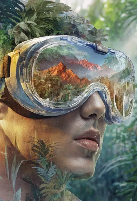 Dubrec style，Transparent face close-up，wearing enduro goggles Jungle mountains image foreground，（multiple exposure：1.8），Complex illustrations in surrealist art style，Surreal dreams