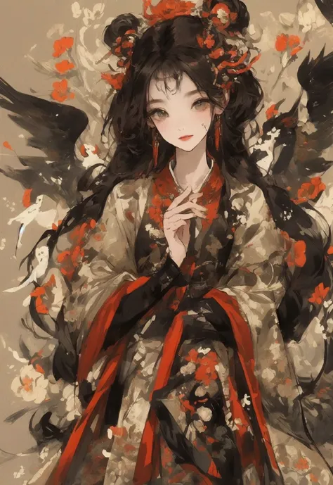 Qixi atmosphere, Chinese mythology, ink painting style, color, Cowherd and Weaver Girl meet on the magpie bridge, surrounded by magpies, auspicious clouds, warm high-definition picture quality