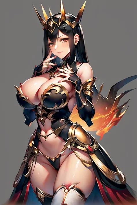 black hair, bare shoulder, red eyes, very long hair, cleavage, large breasts, dress, showgirl skirt, high-leg, cleavage cutout, tiara, bare thighs, gauntlets, bare shoulder, (((Correctly aligned fingers, extremely detailed hands and fingers, ultra detailed...