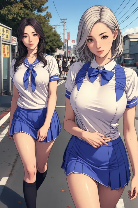 2 girls in japanese school girl uniform, short white silver hair, large breasts, walking on a road, smiling, detailed face, beautiful eyes, realistic, photorealistic, 8K, best quality, extremely detailed, masterpiece