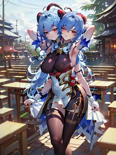 Masterpiece,best quality,best resolution,1 woman,2 heads,details,Ganyu character,He has two goat horns on his head..,blue short hair,blue eyes,Wear tall clothes ,Wear a two-pronged red tie..,big breasts,simple background,Beautiful face,Beautiful hair,beaut...