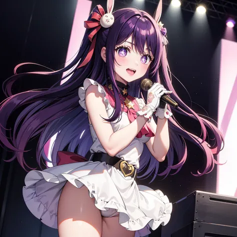 Ai Hoshino, Ai Hoshino, hair between eye, hair ornament, Hair Ribbon, Long hair, one side up, (Purple eyes), Purple hair, rabbit hair ornament, (star-shaped pupils:1.5), symbol-shaped pupils,Brake belt, Black belt, brooches, Dress, Pink dress, frilly dress...