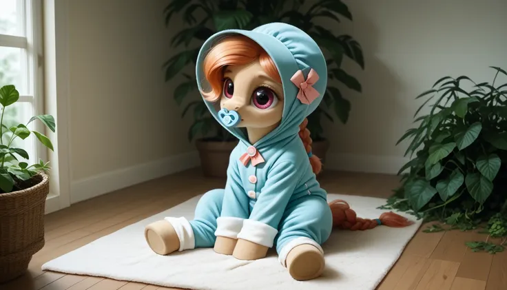 pony, beige earth pony, no horn, no wings, adult filly, lush mane braided, lush tail, sitting in the room on a soft play mat, dressed in an onesie, bonnet and booties, pacifier in her mouth, solo, thick diaper under her clothes.  