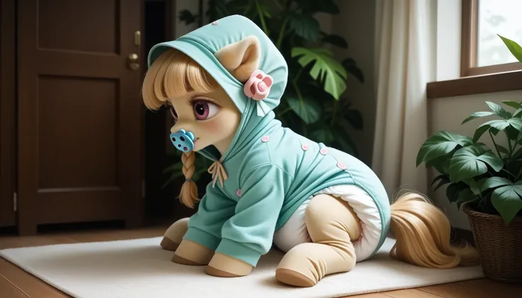 pony, beige earth pony, no horn, no wings, adult filly, lush mane braided, lush tail, sitting in the room on a soft play mat, dressed in an onesie, bonnet and booties, pacifier in her mouth, solo, thick diaper under her clothes.  