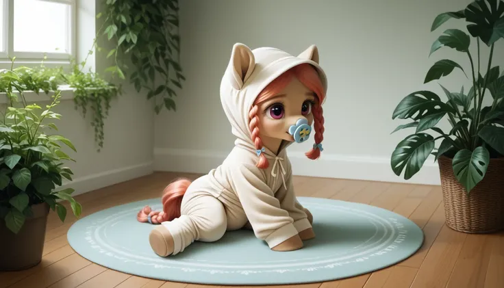 pony, beige earth pony, no horn, no wings, adult filly, lush mane braided, lush tail, sitting in the room on a soft play mat, dressed in an onesie, bonnet and booties, pacifier in her mouth, solo, thick diaper under her clothes.  