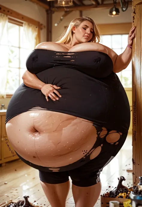 Blond woman,huge belly,inflating