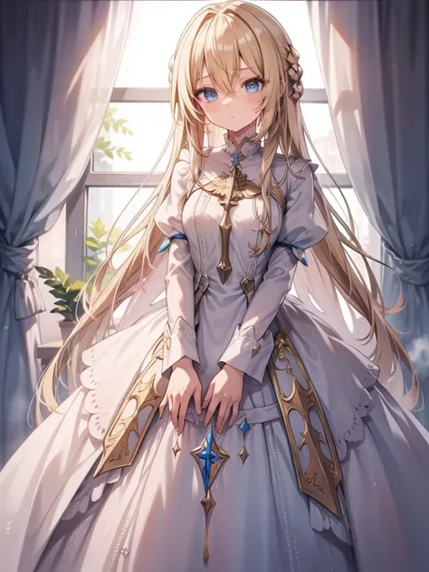 priestess, blonde hair, blue eyes, long hair, hair between eyes,