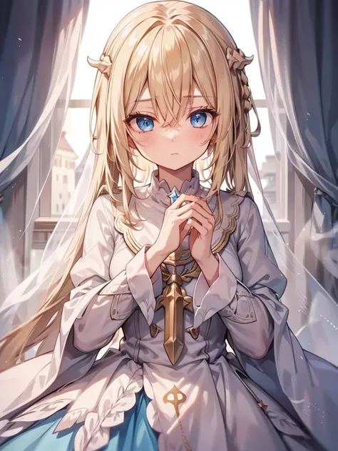 priestess, blonde hair, blue eyes, long hair, hair between eyes,