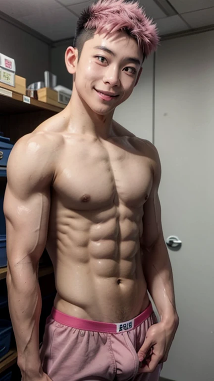 Japanese men、13 years old、The whole body is visible、Lightweight grey boxer briefs、Undercut pink hair、Posing in the locker room、Relaxed smile、Underdeveloped muscles and smooth skin