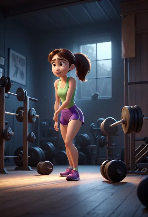 Girl working out in a dark room. High quality Pixar image. 4k