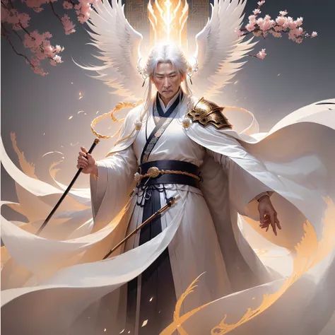 Digital illustration of a man holding a cane, author：Yang J, God concept art, Huang Shen, flowing white robe, White-haired deity, author曾静, by Feng Zhu, Li Song, author：Zhao Yuan, The God-Emperor of Humanity, author：Ju Chao, author Bayard Wu, by Qu Leilei