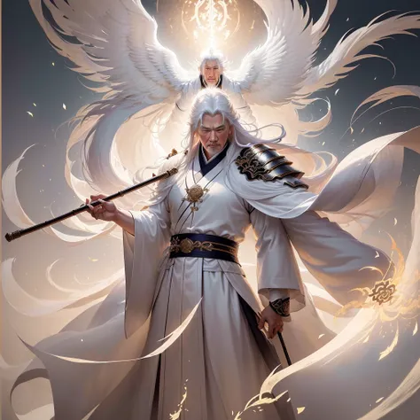 Digital illustration of a man holding a cane, author：Yang J, God concept art, Huang Shen, flowing white robe, White-haired deity, author曾静, by Feng Zhu, Li Song, author：Zhao Yuan, The God-Emperor of Humanity, author：Ju Chao, author Bayard Wu, by Qu Leilei