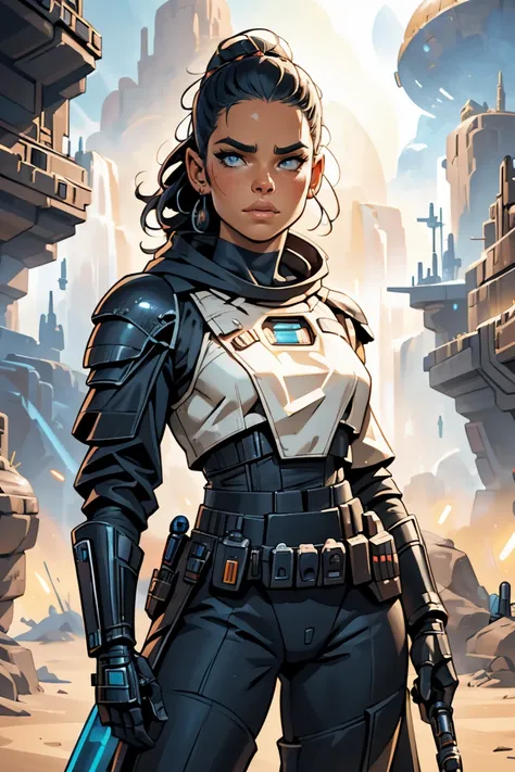 a Star Wars bounty hunter based on Alina Lopez, star Wars, highly detailed cinematic sci-fi illustration, black outlining, full color illustration, in the style of BORIS VALLEJO & JULIE BELL, masterpiece, 8k, ultra-detailed, physically-based rendering, viv...