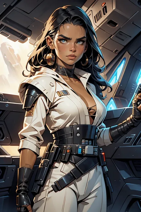 a Star Wars bounty hunter based on Alina Lopez, star Wars, highly detailed cinematic sci-fi illustration, black outlining, full color illustration, in the style of BORIS VALLEJO & JULIE BELL, masterpiece, 8k, ultra-detailed, physically-based rendering, viv...