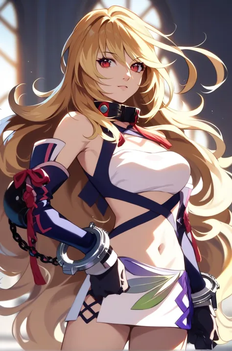 score_9, score_8_up, score_7_up, very aesthetic, source_anime,
simple background, indoor, sunlight,
millaMaxwellBase, 1girl, blonde hair, long hair, red eyes, multicolored hair, 
navel, white miniskirt, white strapless, elbow gloves,  side slit,, zPDXL,ext...