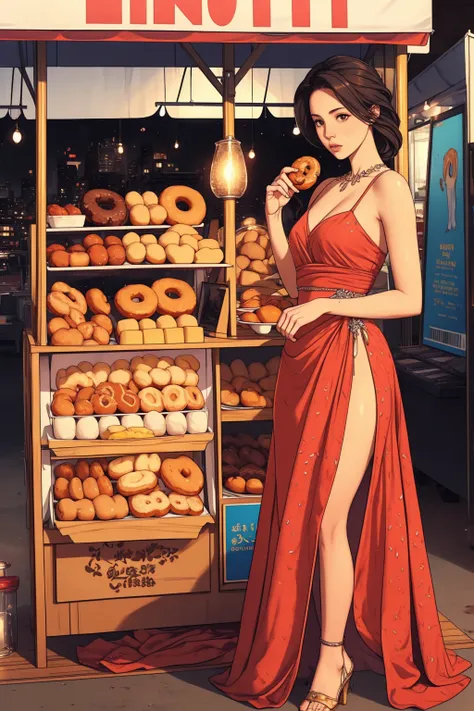 a girl eating a donut, a girl standing next to her at a stall, full body shot, detailed facial features, elegant dress, warm lighting, photorealistic, intricate details, vibrant colors, masterpiece