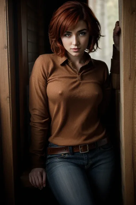 Allison Scagliotti, reddish hair, cowboy shot, bobcut