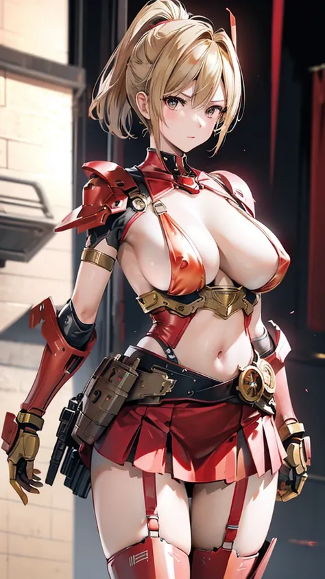 Red translucent armor，Arm mecha，blonde short hair，Long ponytail hairstyle，Large Breasts，Cleavage，Pistol hanging from waist，fighter pilot，fighter hangar，Sexy，lipstick，miss，Golden Eyes，stockings，Short skirt，Nipple exposure