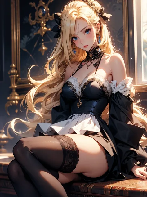 off shoulder dresasterpiece, best quality, high resolution, 1 girl, maid, mature beautiful woman, Super high resolution, black stockings, blue eyes, , long hair, Styled hair, Blonde hair, 