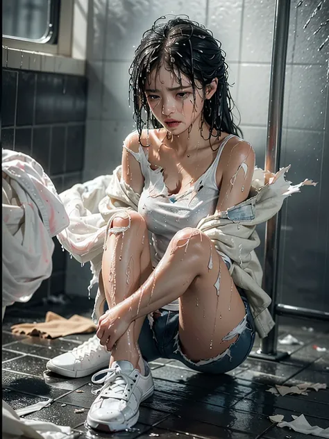 best image quality, masterpiece, super high resolution, (fidelity:1.4), photo, 1 girl, white shirt, torn jeans, white sneakers, dim, darkness, despair, pity, poor, movie, tears, teardrops, (torn clothes:1.5), (wet clothes:1.4), bare shoulders, real rain, w...