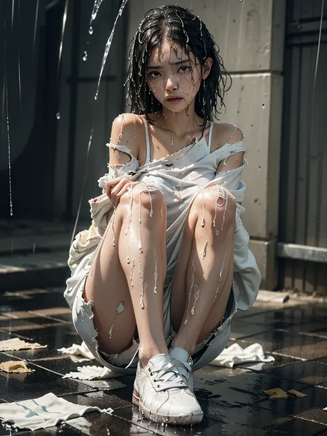 best image quality, masterpiece, super high resolution, (fidelity:1.4), photo, 1 girl, white shirt, torn jeans, white sneakers, dim, darkness, despair, pity, poor, movie, tears, teardrops, (torn clothes:1.5), (wet clothes:1.4), bare shoulders, real rain, w...