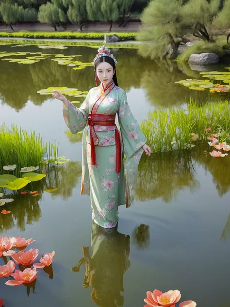 ancient chinese style美女，exquisite face，standing in the water in the large pond of the chinese imperial palace，dunhuang feixian&#...