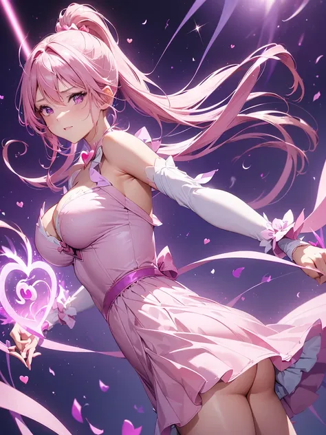 1girl,(magical girl flying in the night sky),(Holding a magic wand:1.3),Are standing,(cleavage),(thigh focus),pink long blonde,ponytail,Accurately drawn face,(intricate pink and white dress),Layer Dresses,super mini skirt,(I can see your butt),white leathe...