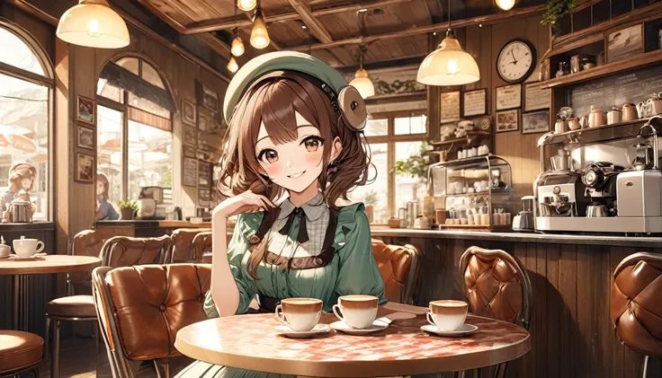 Brown-haired girl wearing headphones、Scene background of enjoying coffee in retro cafe：Interior look of a vintage cafe：Relaxed and smiling outfit：Retro dress and hat posing：A scene of a man holding a coffee cup at a cafe table：The warm atmosphere of a retr...