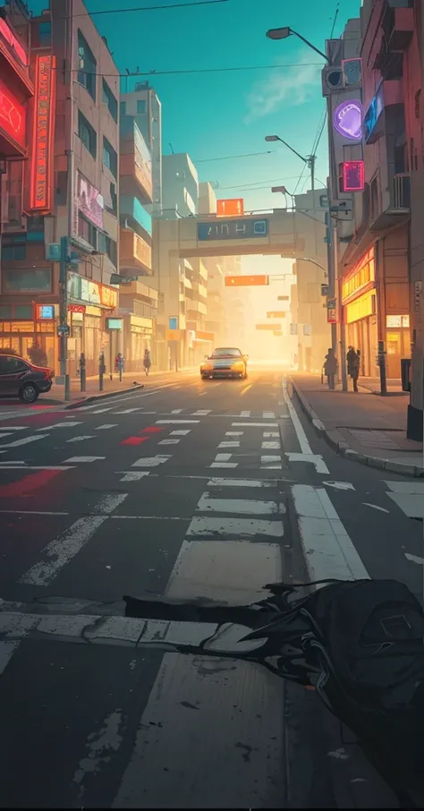 there is a car driving down the street in front of a building, city street cinematic lighting, city street view background, futuristic city street, cyberpunk city street background, street background, futuristic street, photorealistic streetscape, dusty st...