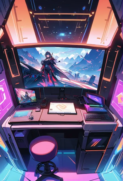 In the future, envision an innovative and cutting esports room designed specifically for gaming enthusiasts. Picture a space that combines advanced technology, sleek aesthetics, and optimal comfort to create the ultimate gaming experience.Visualize a room ...