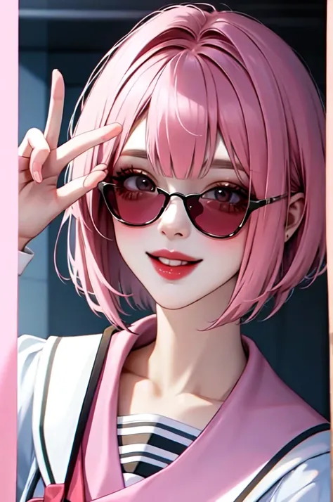 Short hair, pink hair, black school cap, black school uniform, double peace sign, smile, pink heart-shaped sunglasses masterpiece, High resolution, Highest quality, 