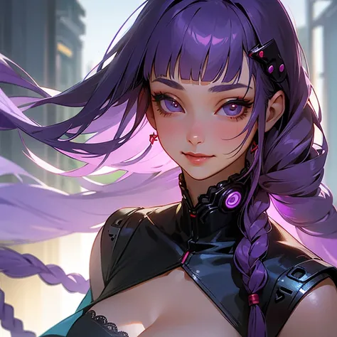 1 girl, Blunt bangs, Braiding, Wide sleeves, hair ornaments,Obi says, (Purple Hair:1.2), Very long hair, Straight hair, Looking at the audience, Highly detailed background, (Realistic:1.2), Beautiful Eyes, Red eyeshadow, thigh, (Urzan-6500:0.7), Upper Body...