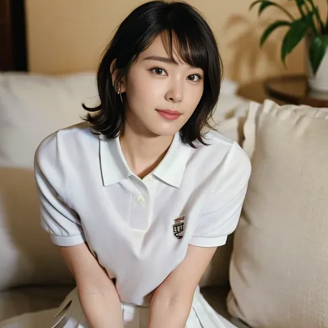 (Masterpiece, Best quality: 1.4), (Ultra realistic, Photo-realistic: 1.2), From above, From side, Full body, Sitting, Looking at viewer, Natural light, 28 years old actress, Japanese women, Neat and clean, ((Wearing white tennis uniform, White short-sleeve...