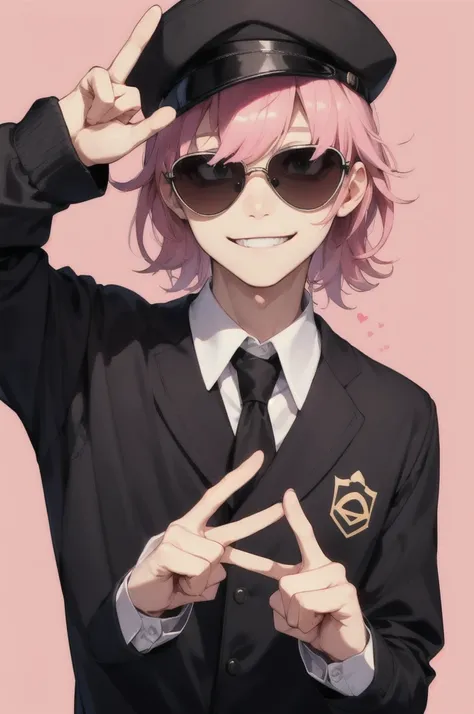 Short hair, pink hair, black school cap, black school uniform for men, double peace sign, nasty smile, pink heart-shaped sunglasses masterpiece, High resolution, Highest quality, 