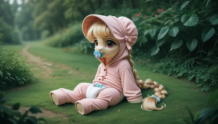 pony, beige earth pony, no horn, no wings, adult filly, lush mane braided into a braid, lush tail, sitting outside, dressed in an onesie, bonnet and booties, pacifier in her mouth, solo, thick diaper under her clothes.