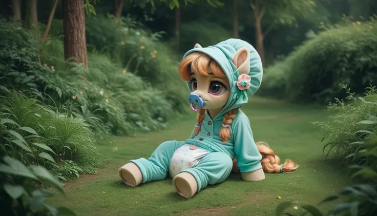 pony, beige earth pony, no horn, no wings, adult filly, lush mane braided into a braid, lush tail, sitting outside, dressed in an onesie, bonnet and booties, pacifier in her mouth, solo, thick diaper under her clothes.