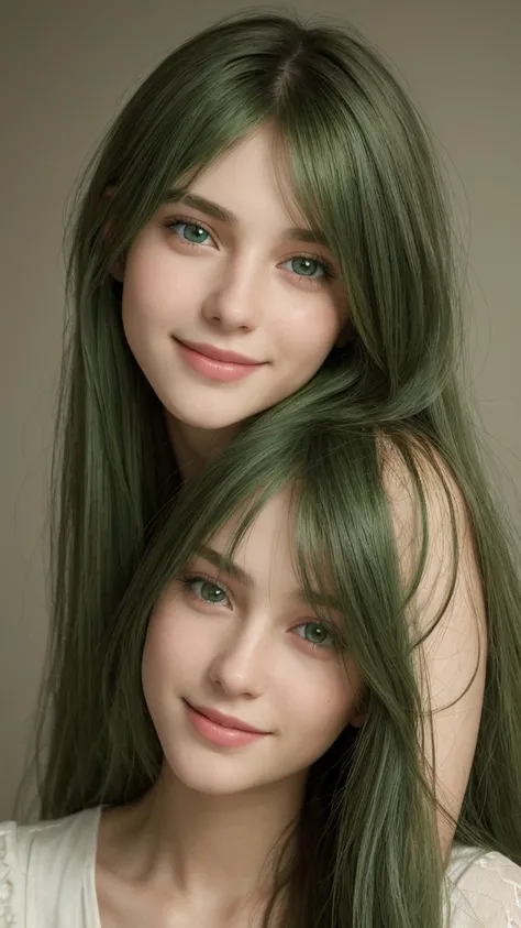 a girl. european. extremely detailed face. oval face. delicate features. long face. half-open eyes. green eyes. long straight hair. messy hair. green hair. smiling