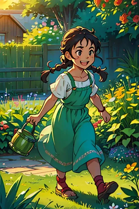 A joyful child with braided hair runs energetically across a vibrant farm, wearing a colorful gardeners outfit. In her hands, she proudly holds a bright, cheerful watering can, filled with water, as sunlight dances around her. The farm is alive with lush g...