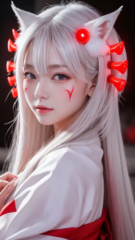 White Demon Fox、Nine-tailed Fox、Japanese women、kimono、Fair skin、Red lines on face、8K、I have long hair、night、front face