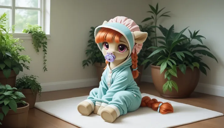 pony, beige earth pony, no horn, no wings, adult filly, lush mane braided, lush tail, sitting in the room on a soft play mat, dressed in an onesie, bonnet and booties, pacifier in her mouth, solo, thick diaper under her clothes.  