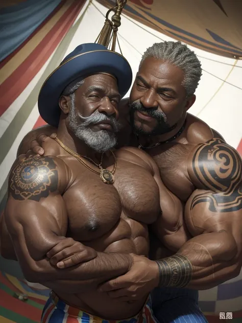 Hyperrealistic image of a trapeze artist hugging an African man Steampunk superhero very old and very sweaty very gray-haired bodybuilder over 80 years old very muscular and fat more than 200 kilos with a naked torso large and flaccid pectorals tattooed hu...