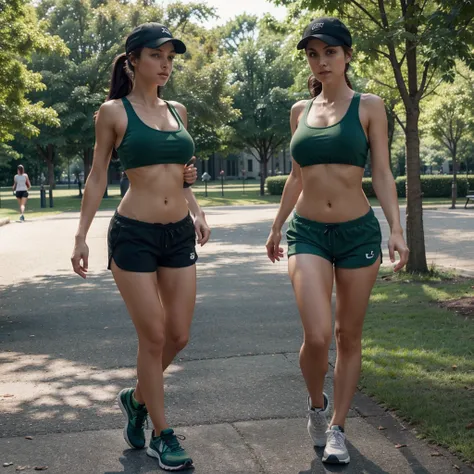 dark hair woman, slim, fit, green eyes, beautiful, large g-size breasts, hourglass figure, in a park, 
Shorts, tank top,
Running Shoes,  
lightweight cap,